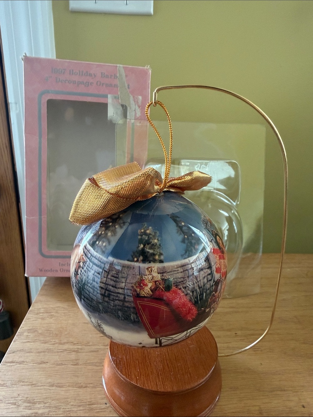 1997 holiday Barbie 4 inch decoupage ornament wooden stand box included